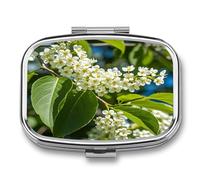 Bird Cherry in Bloom Pill Case 2 Compartments Travel Pill Organizer for Pocket Small Pill Box Portable Pill Container Metal Medication Holder to Hold Vitamin Fish Oil Supplement