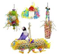 Bird Chewing Toys - 4 pack Birds Loofah Toys - Comes with A Hook and String for Hanging from A Bird Cage, Perch or Hanger, Rich Colors and Diverse Shapes, for Small Parakeets, Cockatiels, Conures