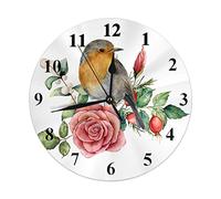 Bird Clock Robin Birds with Rose Flower Snow Berries Leaves On Tree Branch Round Wall Clock Slient Non Ticking Rustic Home Decor 10 Inch for Kitchen Bathroom Office
