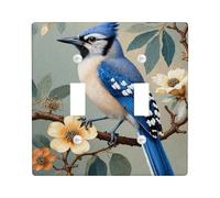 Bird Double Light Switch Cover Plate, Nature Realistic Flower Branch Spring Blue Plastic Standard Size Decorative Wall Plates for New Apartment Home Bedroom Office Decor