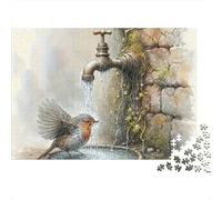 Bird Drinking Water Sturdy 1000 Piece Jigsaw Puzzle for Adults Robin Faucet Water Birdbath Premium Thick Vibrant Challenging Stress Relief Game 38x26cm/1000pcs