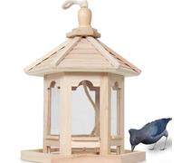 Bird Feeder Garden Ornament, Wooden Hanging Birdfeeder, All Weather Bird Feeding Station, Hexagon Shaped With Roof, For Outdoor Yard
