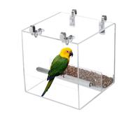 Bird Feeder, No Mess Parrot Food Container with Stainless Steel Hooks & Perch Clear Acrylic Birds House for Cockatiels Lovebird Finch