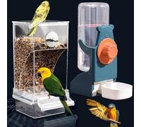 Bird Feeder Water Dispenser Set, Automatic Parrot Feeder Cage Accessories, Clear Parakeet Seed Container Food Drinker for Cage, Cockatiel Finch Lovebirds Budgies Canary (Blue) (Transparency and blue)