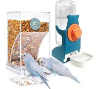 Bird Feeder Water Dispenser Set, Automatic Parrot Feeder Cage Accessories, Clear Parakeet Seed Container Food Drinker for Cage, Cockatiel Finch Lovebirds Budgies Canary (Blue)