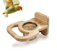 Bird Feeding Cup with Platform, Hanging Stainless Steel Parrot Feeding Bowl, Wooden Perch Stand, Bird Cage Food and Water Feeder for Parakeets, Cockatiels and Lovebirds