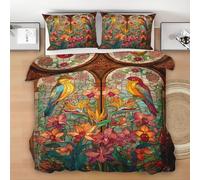 Bird Flower Super King Duvet Cover Set, Stained Glass Soft Microfiber Bedding with Pillow Cases, Retro Bird Quilt Cover Easy Care, Animal Plant Duvet Cover with Zipper, 260x220cm
