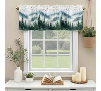 Bird Fog Forest Valances for Windows, Abstract Spring Black Green Forest Tree Mystery Rod Pocket Valance Short Window Treatments Curtains for Kitchen Bathroom Bedroom Decor, 56 x 16 Inches
