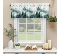 Bird Fog Forest Valances for Windows, Abstract Spring Dark Green Forest Tree Mystery Rod Pocket Valance Short Window Treatments Curtains for Kitchen Bathroom Bedroom Decor, 60 x 14 Inches