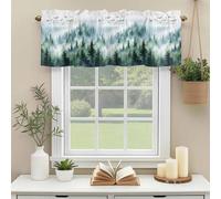 Bird Fog Forest Valances for Windows, Abstract Spring Dark Green Forest Tree Mystery Watercolor Rod Pocket Valance Short Window Treatments Curtains for Kitchen Bathroom Bedroom Decor, 42 x 18 Inches
