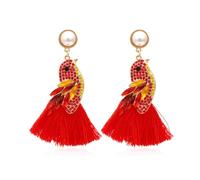Bird Fringe Earrings, Red Bird Tassel Dangle Earrings for Women, Bohemian Pearl Sparrow Bird Vacation Earrings for Ladies, Cute Tropical Parrot Bird Statement Earrings
