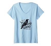 Bird Gang Over Boy Gang: Raven Empowerment Graphic V-Neck T-Shirt, Women, Baby Blue, S