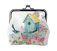 Bird House Butterfly Floral Print Small Coin Purse Kiss-Lock Leather Pouch Change Wallet Gifts for Men Women