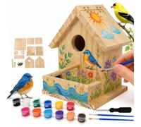 Bird House Craft Kit, 12 Colors Paintbrushes Painting Kits & Screwdriver Included, Weather Resistant DIY Bird Houses for Outside with Feeding Tray, Thick Wooden Board,Can open the roof (1)