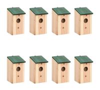 Bird House Solid Pine Wood 12x12x22 cm Green Roof Outdoor Nest Box Set of 8 pcs