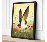 Bird in Flight, Poppies Below Canvas Wall Art Print 36x24 Inch (91 x 61 cm)