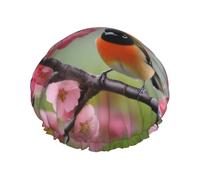 Bird in Peach Tree Print Shower Cap for Women Men, Reusable Double-Layer Fabric Bathing Cap Girls Hair Caps, 29 CM