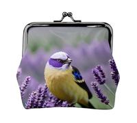 Bird in Purple Lavender Floral Flowers Print Charm and Versatile Coin Purse Exquisite Waterproof Kiss Lock Wallet for Keys Cards