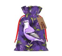 Bird In Purple Lavender Floral Flowers Print Christmas Drawstring Present Bag, Reusable Holiday Goodie Bag For Presents