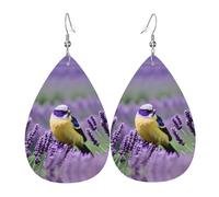 Bird in Purple Lavender Floral Flowers Print Leather Dangle Earrings - Lightweight Teardrop Costume Earrings for Parties, Valentine's Day