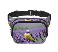 Bird in Purple Lavender Floral Flowers Print Square Waist Purse Double Layer Fanny BagTrendy Travel Waist Bag for Men and Women, Black, One Size