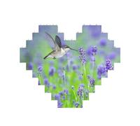 Bird in Purple Lavender Floral Flowers Printed Jigsaw Puzzle 10.8x12.8 CM, Heart-Shaped Puzzle Challenging Game for Adults, Fun Decorative Wall Decor