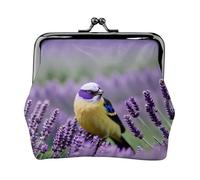 Bird in Purple Lavender Floral Flowers Printed Microfiber PU Leather Wallet Kiss Lock Mini Pouch for Lipstick Key Change Organization