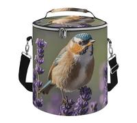 Bird in Purple Lavender Floral Lunch Bag, 15L Portable Leakproof Picnic Basket with Shoulder Strap, Insulated Picnic Cooler Bag for Camping, Beach, Hiking & Groceries