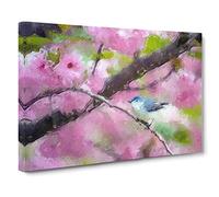 Bird in the Cherry Blossom Tree in Abstract Canvas Print for Living Room Bedroom Home Office Décor, Wall Art Picture Ready to Hang, 30 x 20 Inch (76 x 50 cm)