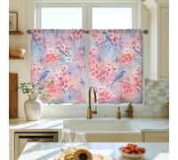 Bird Kitchen Curtains, Spring Floral Cherries Blossom Butterfly Spring Peach Cafe Curtain Panels with Rod Pocket Window Decoration for Dining Room Breakfast Nook Sink Area 26x36 Inch