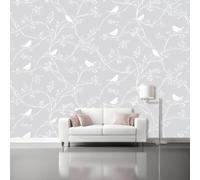 Bird Leaf Wall Mural Wallpaper, Minimalist Tree Branches Design, Grey White Theme Photo Wallpaper, 138" x 101"/350 x 256 cm(WxH), Decorative Modern Wall Mural for Bedroom and Living Room