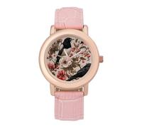 Bird Magpie and Flowers Women's Wrist Watch Easy Reader with Leather Strap Analog Display Wonderful Ladies Gifts