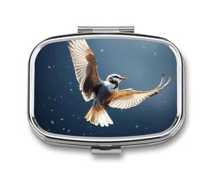 Bird Migration Pill Case for Travel, Rectangle Metal Pill Organizer with 2 Compartments, Portable Daily Medicine Box for Purse, Wallet
