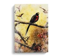 Bird No.2 Yellow, Brown, Peach Canvas Print | Gallery Wrapped 30mm Frame Wall Art | 30x20 inches | Ready to Hang | Retro Animals Picture | Living Room Bedroom Lounge Office