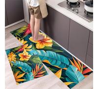 Bird Of Paradise And Hibiscus Flowers Kitchen Rugs Sets of 2, Non Slip Washable Tropical Jungle Kitchen Mat, Runner Rug Green Floor Carpet for Dining Room, Hallways and Entryway 43x75cm+43x120cm