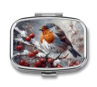 Bird on Branch Pill Box 2 Compartment, Portable Pill Case with Mirror for Pocket Purse Travel, Mini Metal Medicine Organizer for Vitamins Fish Oil