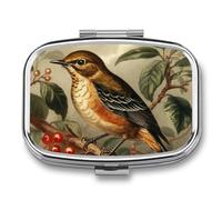 Bird on Branch Pill Box - 2 Compartment Travel Pill Organizer with Small Mirror, Portable Pillcase for Pocket & Purse, Cute Square Medicine Case, Weekly Medicine Container