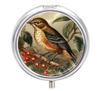 Bird on Branch Pill Box Cute Round Pill Case Portable Medicine Tablet Vitamin Holder Organizer for Purse Pocket