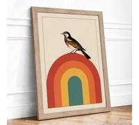 Bird on Rainbow Mid Century Framed Wall Art Print A3 Oak