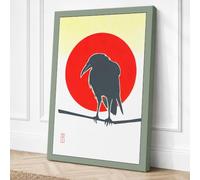 Bird on Red Moon Japandi Canvas Wall Art Print 24x16 Inch