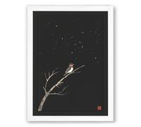 Bird on Starlit Branch Japandi Framed Wall Art Print A1 (84.1×59.4cm) White, Wall Decor for Living Room, Bedroom, Office & Home, Ready to Hang, Art Gift