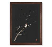 Bird on Starlit Branch Japandi Framed Wall Art Print A4 (29.7×21cm) Walnut, Wall Decor for Living Room, Bedroom, Office & Home, Ready to Hang, Art Gift