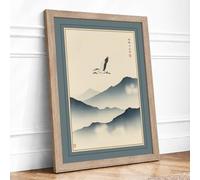Bird Over Mountains Japandi Framed Wall Art Print A4 (29.7×21cm) Oak, Wall Decor for Living Room, Bedroom, Office & Home, Ready to Hang, Art Gift