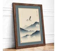 Bird Over Mountains Japandi Framed Wall Art Print A4 (29.7×21cm) Walnut, Wall Decor for Living Room, Bedroom, Office & Home, Ready to Hang, Art Gift