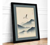 Bird Over Mountains Japandi Framed Wall Art Print A4 Black