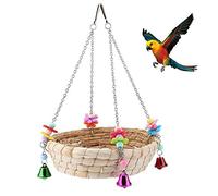 Bird Parrot Toy,Parrot Bird Nest, Natural Hand Woven Straw Nest Bed Swing with 4 Metal Bells,Swing for Birds,Perched Parrot