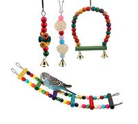 Bird Parrot Toys 6 Pcs Multicolor Wooden Chewing Hanging Hammock Swing Small String Bell - Safe Handmade Material, Easy Hook Attachment, Fun Climbing Toys for Conures and Parakee