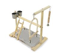 Bird Perch Stand Parrots Playstand With Stainless Steel Tray Feeding Cups Ladder Swing Wood Chew Toy For Small Birds Bird Natural Wood Perch Stand With Bowls Large For Parakeets Cockatiel