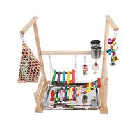 Bird Perch Stand with Stainless Steel Tray Feeding Cups Ladder Swings Chew Toy for Birds Bird Perch Stand Platform Natural Wood for Conures Cockatiel