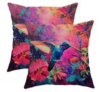 Bird Pillow Covers Hummingbird Floral Modern Abstract Watercolors Bright Pink Velvet Square Washable with Zipper Bedroom Outdoor Office Set of 2 Patio Outside Chair Throw Pillow Covers 20x20inch